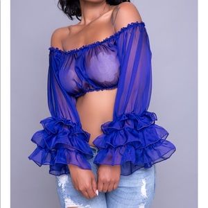 Royal Blue Sheer Long Sleeve Crop Top